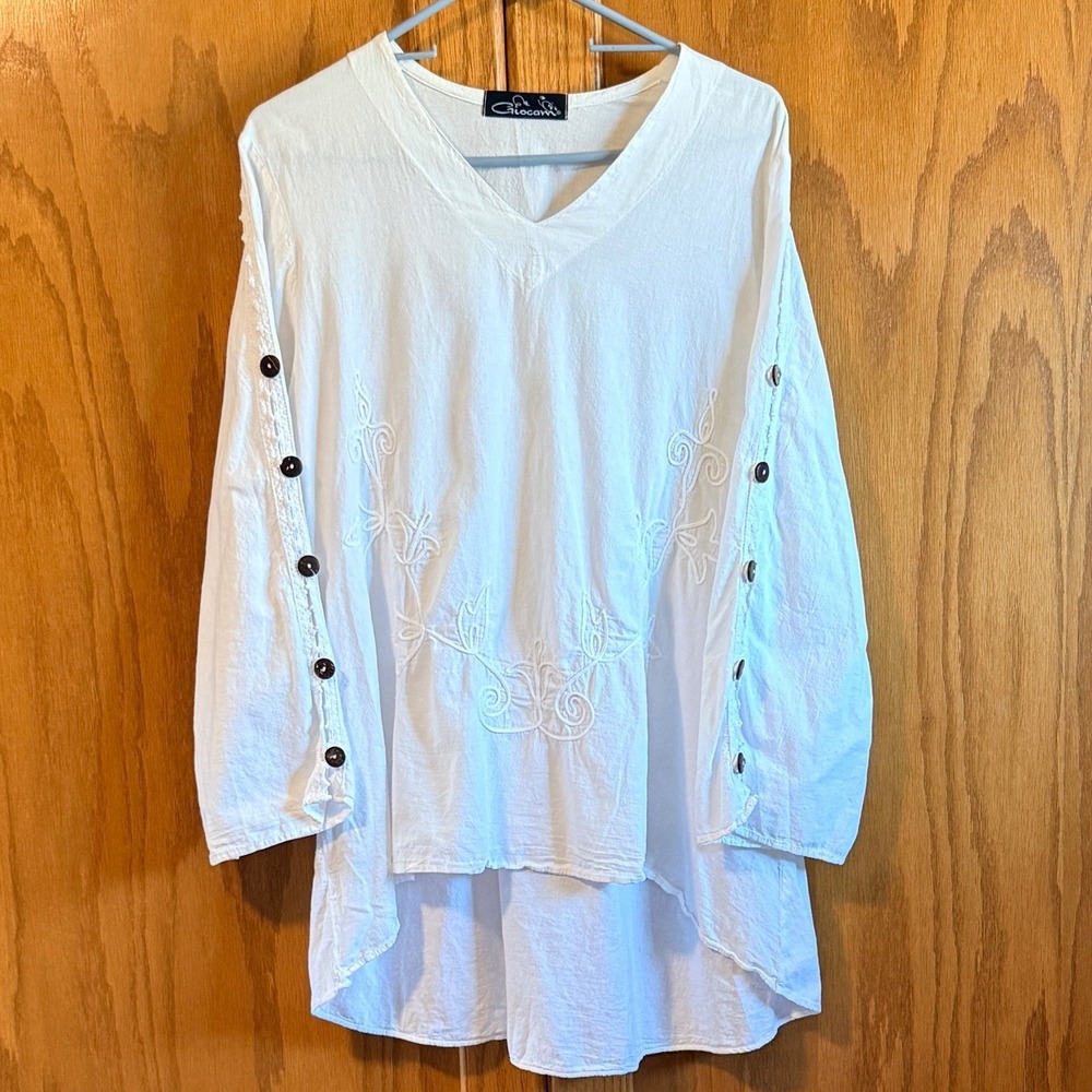 Giocam Tunic Top Women L/XL White Excellent Embroidered Cotton High-Low V-Neck‎ - Picture 2 of 10